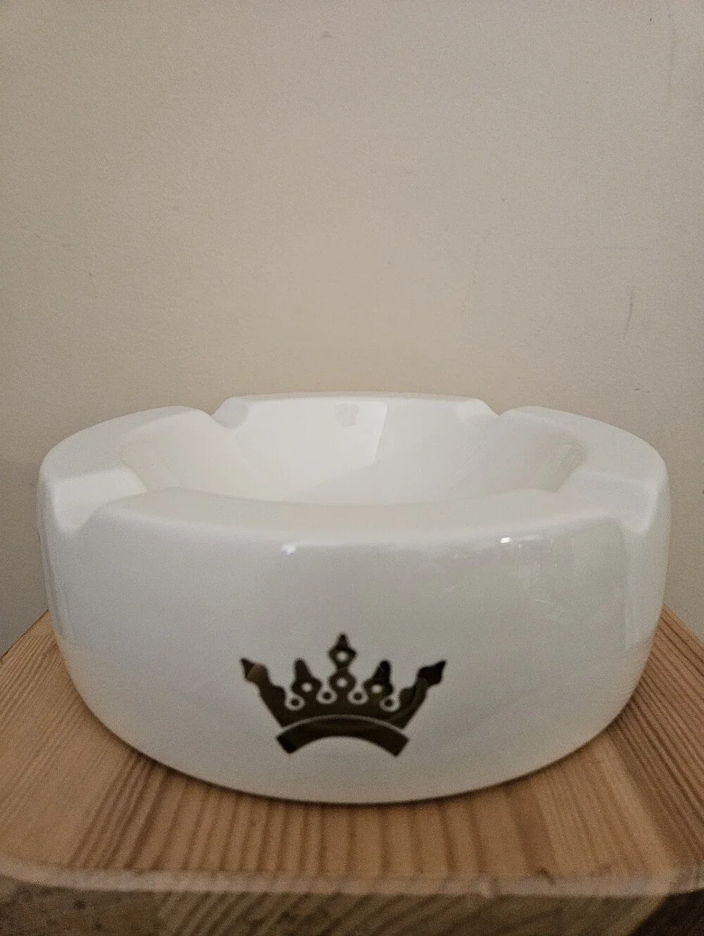 Source Unknown White Ceramic Ashtray with Gold Lettering